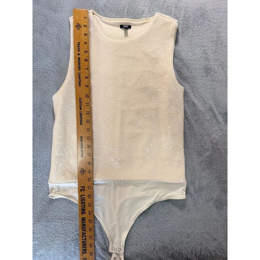NWT Express Body Contour Champagne Beige Sequin Sleeveless Bodysuit Size L